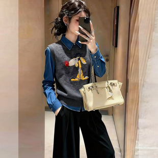 套装 小个子穿搭一整套卡通假两件牛仔拼接上衣阔腿裤 冬季 巨好看