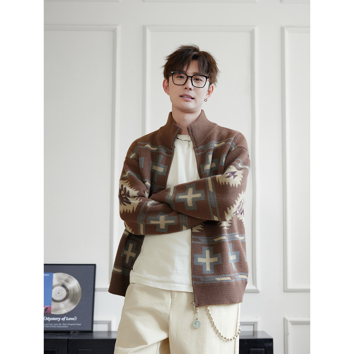 美式几何提花拉链开衫针织毛衣潮