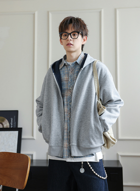 WAJ日系潮流撞色拼接开衫卫衣男秋冬460g重磅宽松校园风连帽外套