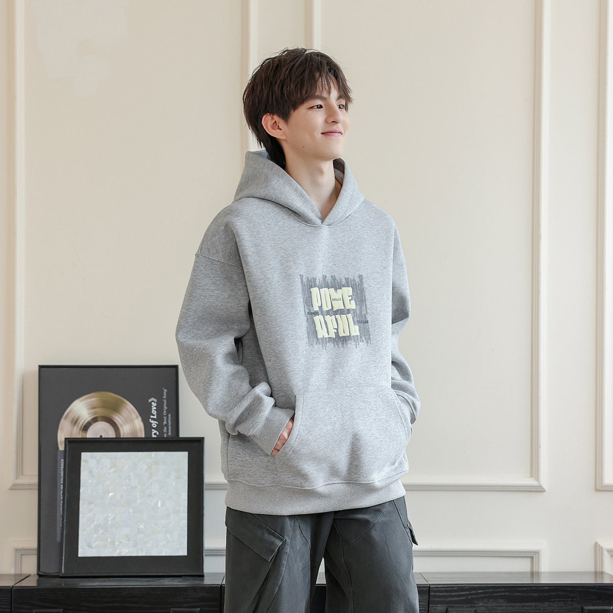 日系百搭重磅连帽灰色印花卫衣男