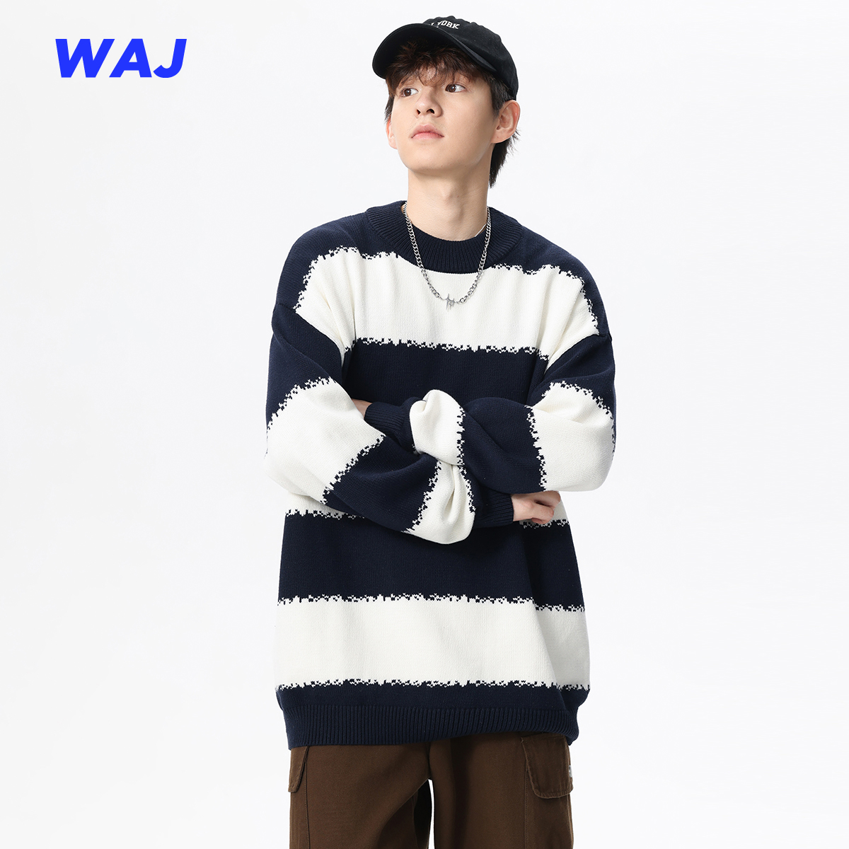 慵懒风宽松百搭条纹拼接撞色毛衣