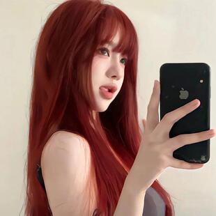 佐薇兰假发女长直发夏季显白女团酒红色空气刘海玫瑰红全头套式