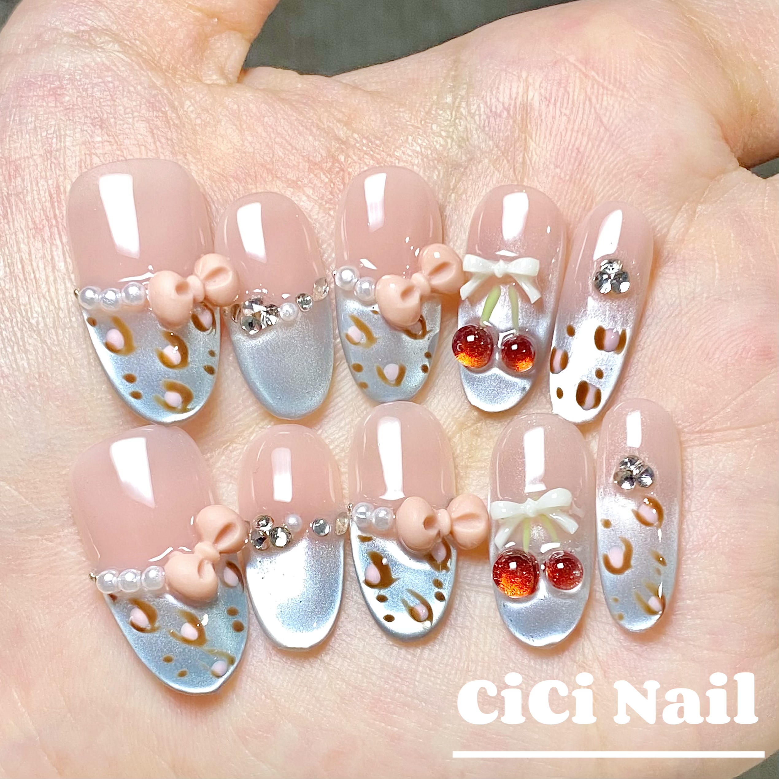 豹纹樱桃可爱穿戴甲清新猫眼甜酷个性纯欲显白清透法式立体美甲