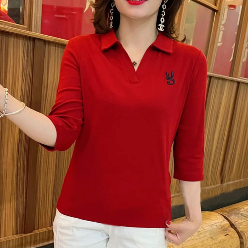 夏季翻领七分袖大码妈妈装T上衣