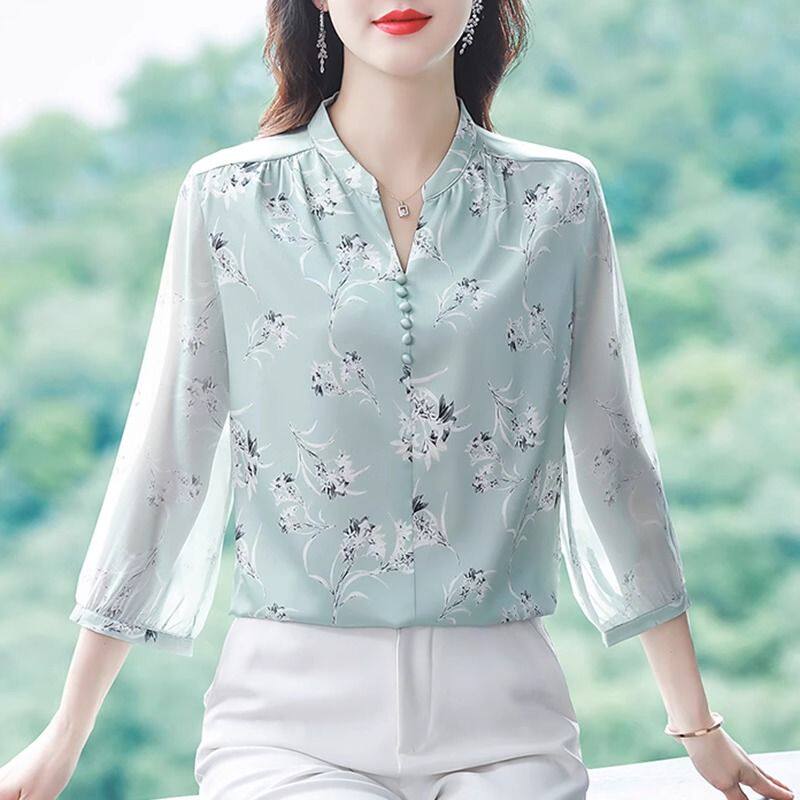 夏季新款雪纺衬衫女士洋气别致中年妈妈小衫气质七分袖上衣
