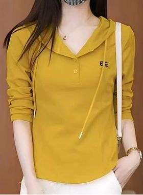 高档休闲上衣2025百搭连帽卫衣春秋薄款气质显瘦遮肚女士长袖t恤