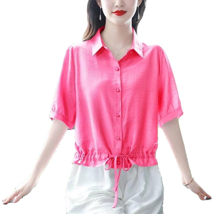 2024春夏新款纯棉衬衫女短袖大码洋气宽松短款上衣妈妈遮肚子小衫