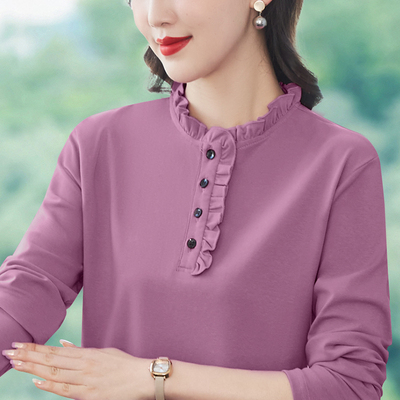 中年妈妈纯棉长袖上衣女百搭宽松