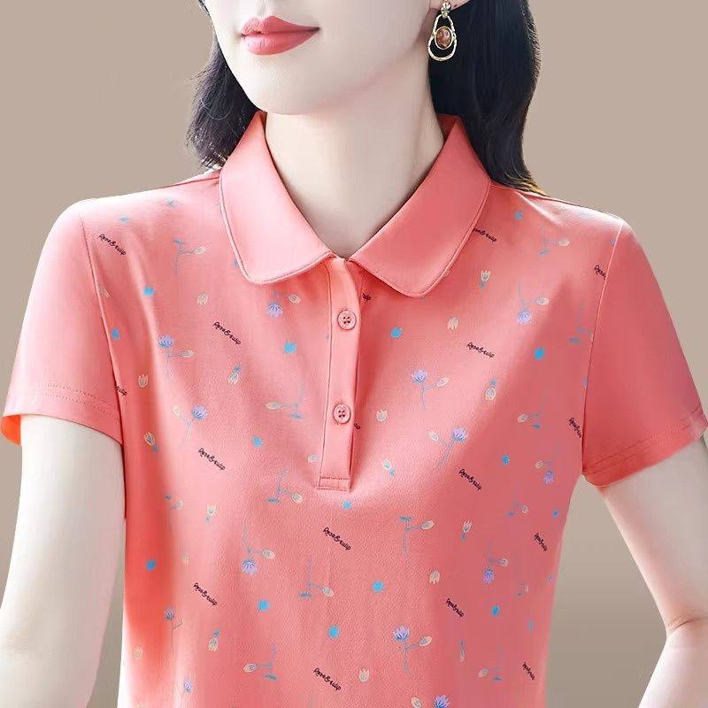 纯棉中年女士洋气时尚设计印花POLO小衫夏季百搭减龄气质翻领短袖