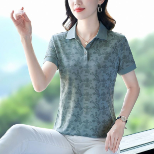 印花宽松上衣翻领薄0729u 新款 百搭短袖 t恤女夏时尚 洋气妈妈polo衫