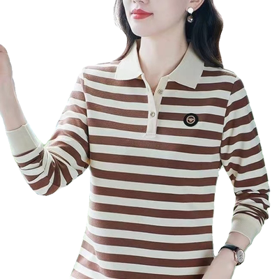 春季中年妈妈翻领Polo条纹衫T恤
