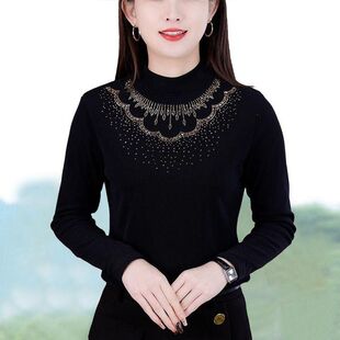 打底衫 时尚 中老年上衣遮肚长袖 秋冬半高领烫钻减龄洋气保暖衫 新款