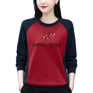 早春新款纯棉中年圆领卫衣女拼接大码妈妈长袖印花T恤上衣薄款衣