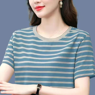 新款 上衣大码 夏季 女t恤短袖 条纹圆领0729u 妈妈装 宽松显瘦百搭半袖