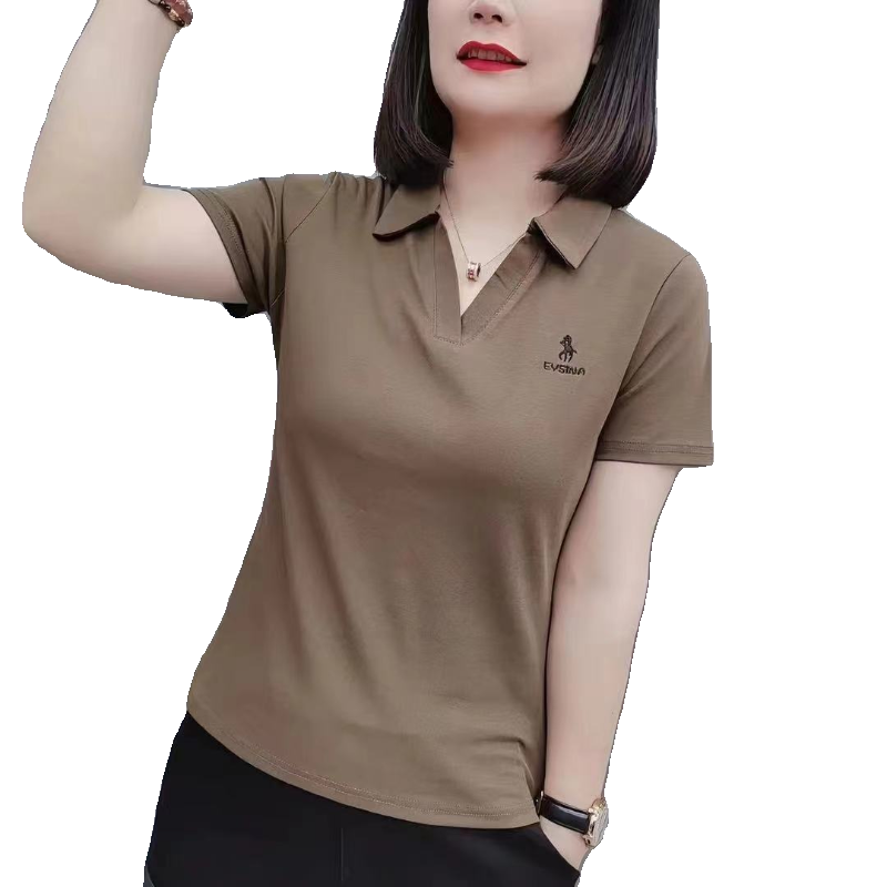 2024新款短袖t恤女夏季休闲百搭大码翻领显瘦简约运动纯色半袖衫