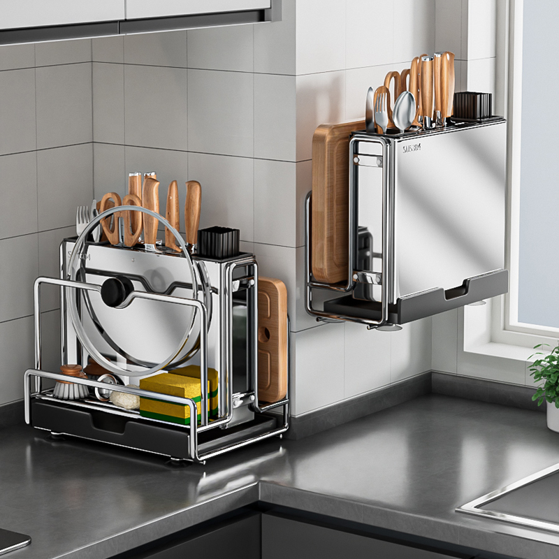 304不锈钢厨房刀架置物架放菜板菜刀架筷子笼一体刀具砧板收纳架