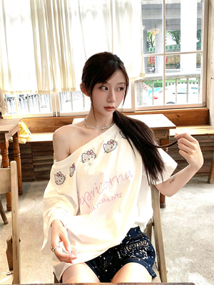 美式辣妹风斜肩短袖t恤女夏季