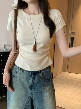 简约纯棉圆领短袖T恤女腰部褶皱修身显瘦设计感白色夏季打底衫女