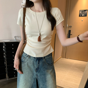 打底衫 显瘦设计感白色夏季 女 T恤女腰部褶皱修身 简约纯棉圆领短袖