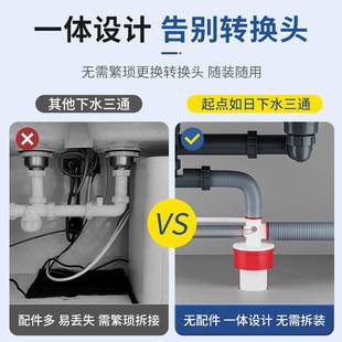 厨房下水管三通防臭神器排水管道净水器洗碗机三合一多功能接头通