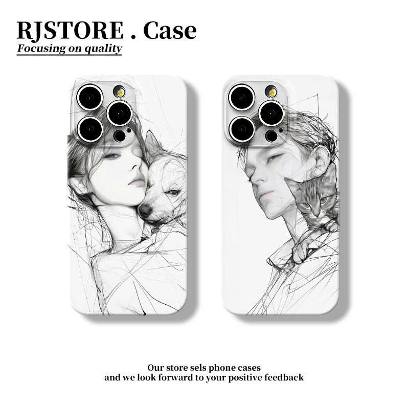 素描猫咪与男孩女孩手机壳适用iPhone16/15promax情侣小米15/14创意华为pura70Pro小众mate70/60全包保护套软