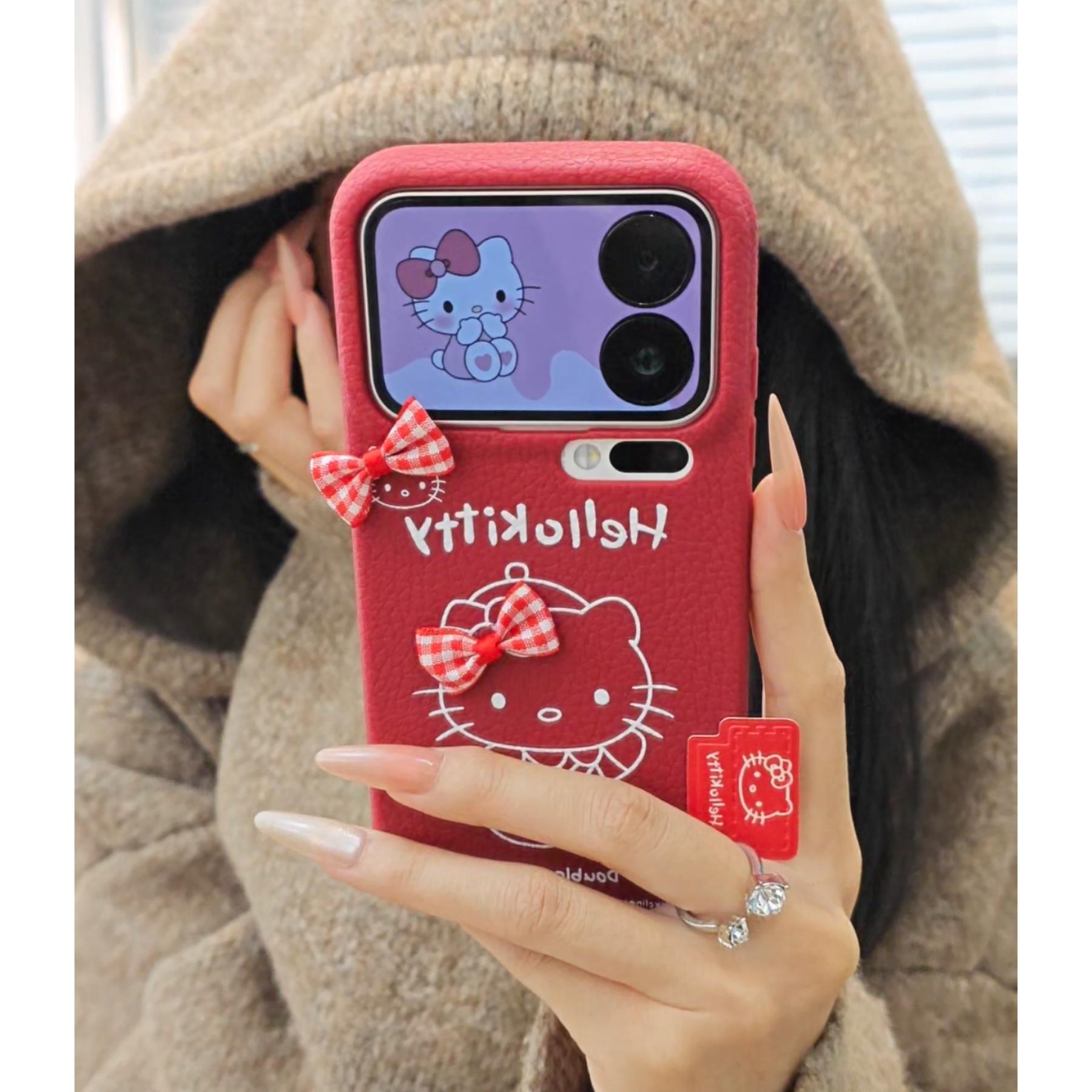 适用小米17/15/14pro红色Kitty手机壳红米K80pro新款note14pro+个性IPhone17/16promax皮纹findX9秋冬保护套