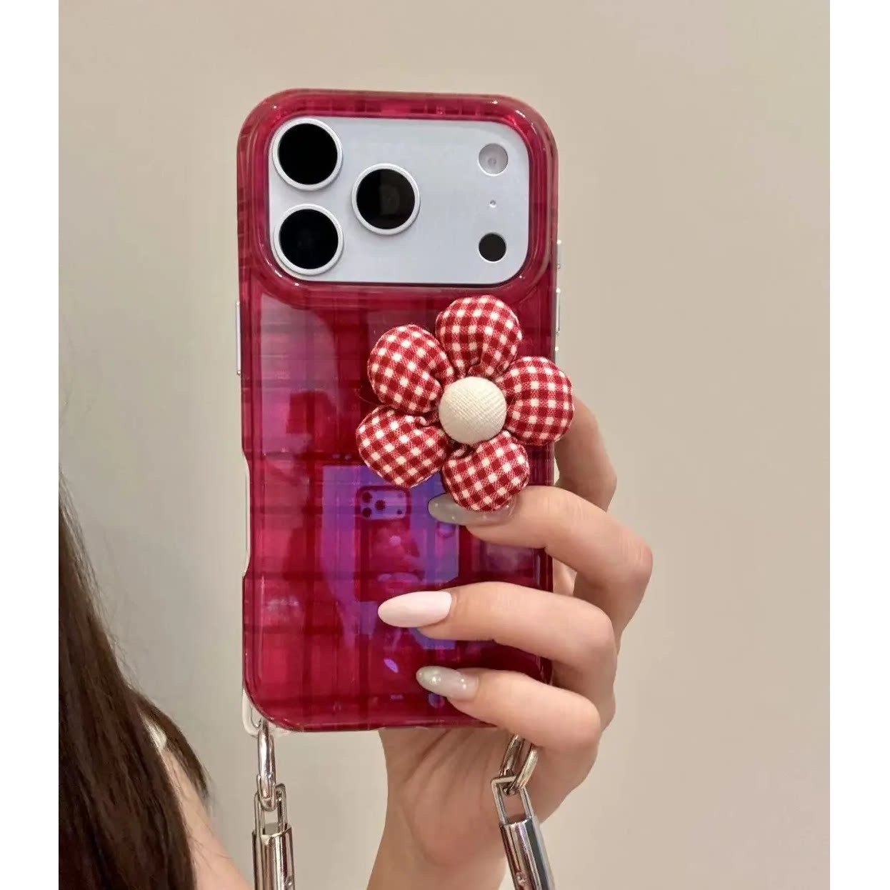 樱桃红透色立体格纹花朵手机壳适用苹果18pro韩系ins风IPhone17pro双层IMD大孔16pro小众挂绳外壳15PM少女心