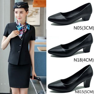 黑色工作鞋 粗跟空姐鞋 女粗跟尖头中跟单鞋 职业高跟鞋 真软皮鞋 正装