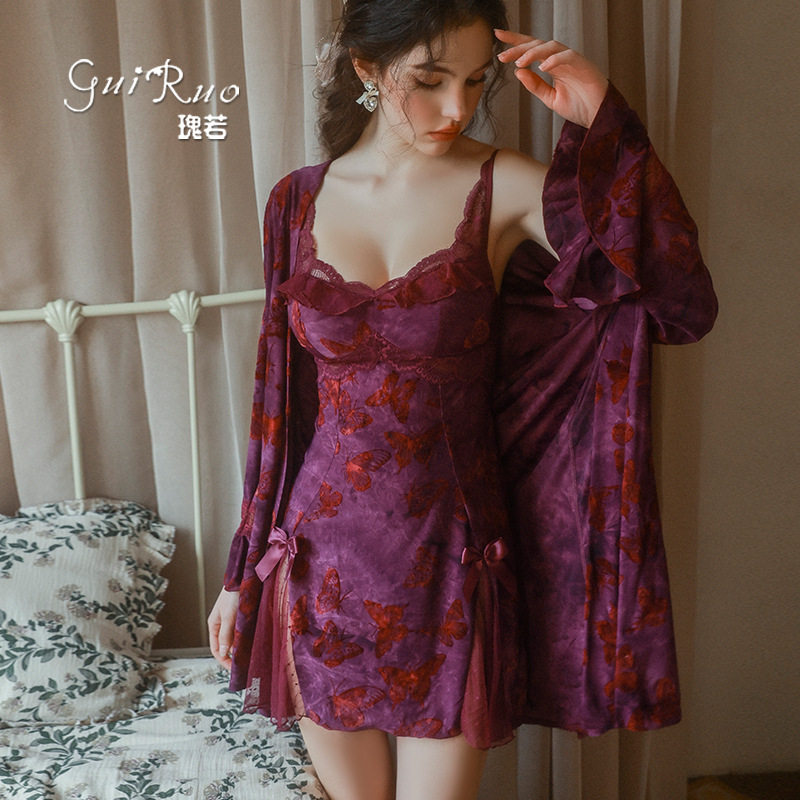 DZ瑰若甜美蝴蝶印花睡裙套装性感