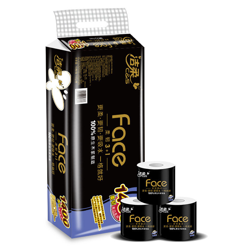洁柔卷纸卫生纸4层加厚140g 10卷face有芯家用实惠提装卷筒纸厕纸