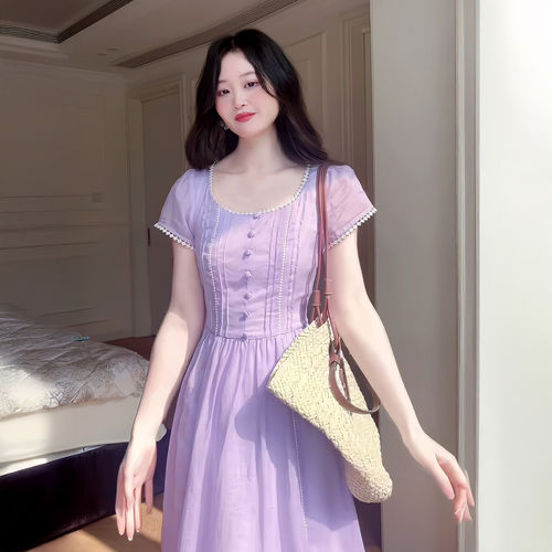 法式紫色单排扣连衣裙女夏季