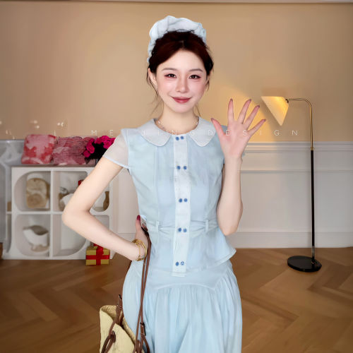 夏季甜妹波点娃娃领衬衫半裙套装