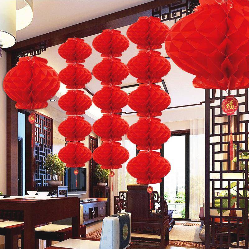 过年春节装饰立体油纸灯笼挂件新年元旦商场布置蜂窝红灯笼