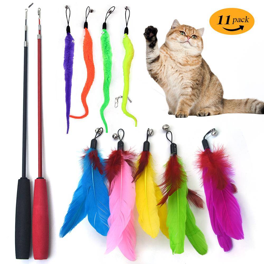 跨境宠物猫玩具彩色羽毛替换头三节钓鱼竿毛毛虫逗猫玩具件套