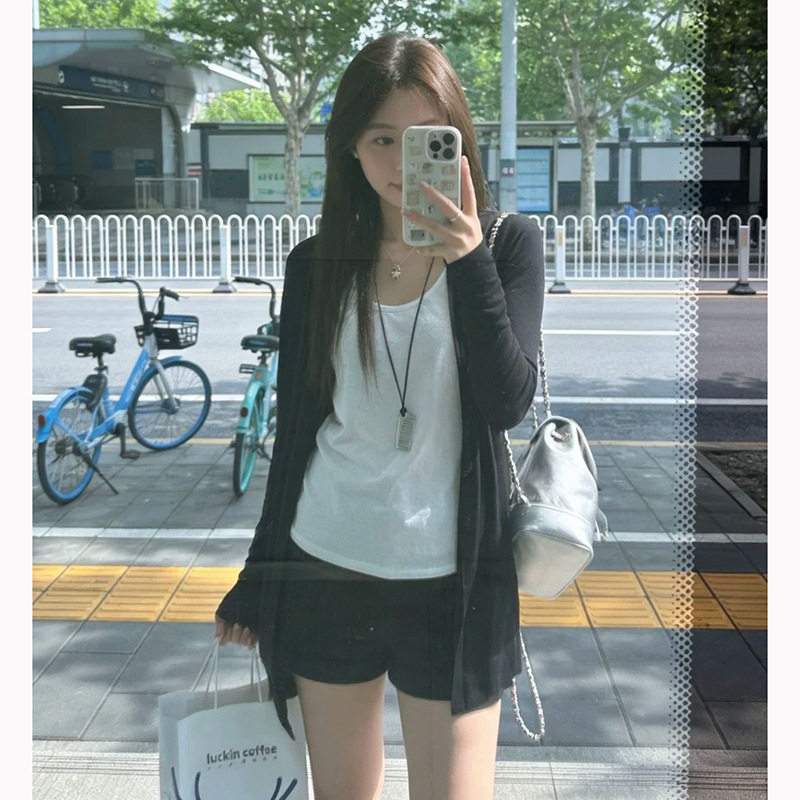 黑色针织开衫夏天薄款2026外套女春秋外搭配吊带背心内搭罩衫上衣