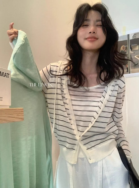 柠檬绿茶假两件条纹连帽防晒针织开衫女春夏韩系宽松长袖外套上衣