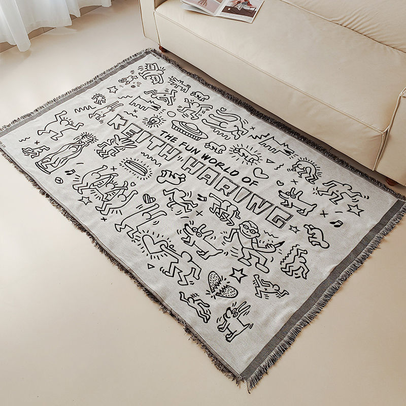 黑白涂鸦大师 凯斯哈林 Keith haring个性运动卡通毯沙发毯多用毯