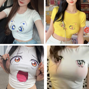 100%棉多巴胺彩色穿搭猫咪短袖t恤女夏季皮卡丘大眼睛甜辣妹上衣