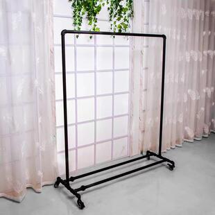 服装店展示架落地式挂衣架黑色带轮水管架铁艺复古龙门架衣服货架