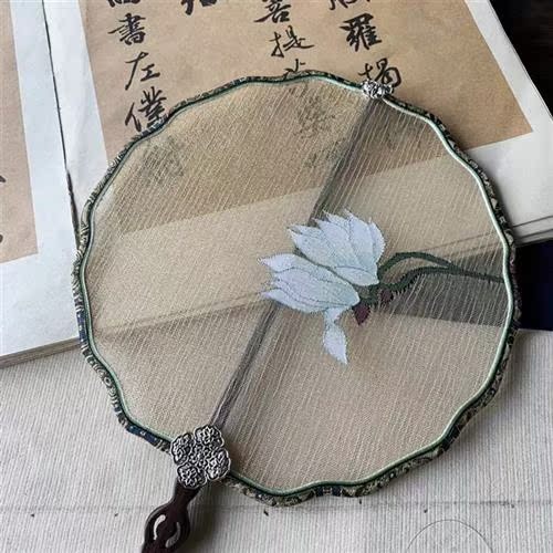 苏苏绣缂丝扇子古风刺绣双锦曲面宫扇宋勾面边扇子52405州团扇雅