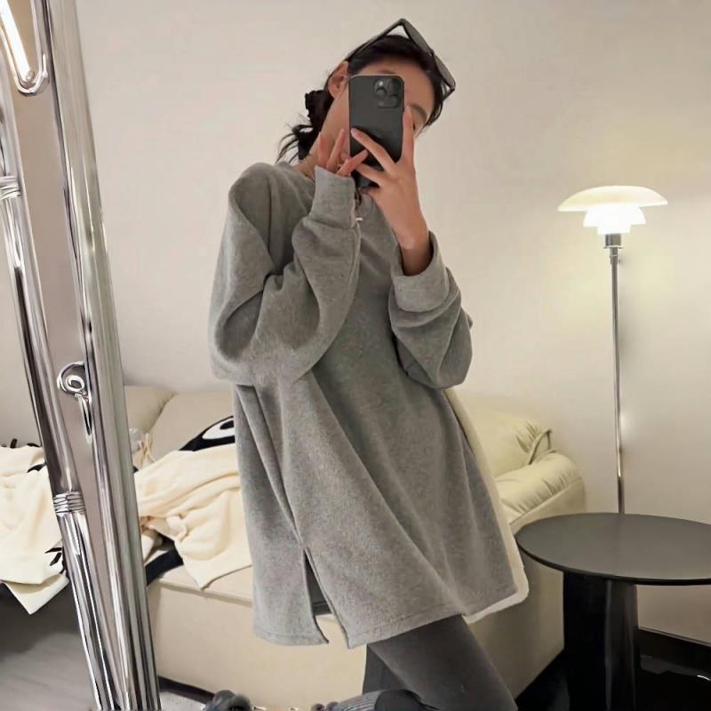 中长款灰色加厚加绒卫衣女秋冬2024新款爆款宽松慵懒风遮屁股上衣