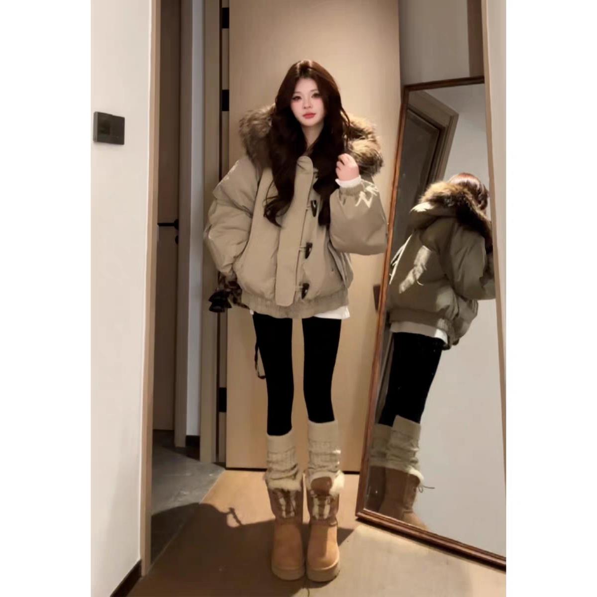 牛角扣大毛领2025年冬季新款羽绒棉服女连帽派克棉衣棉袄加厚外套