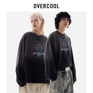 寬松做舊水洗印花棉打底衫 OVERCOOL潮流長袖 情侶款 新品 T恤男春季
