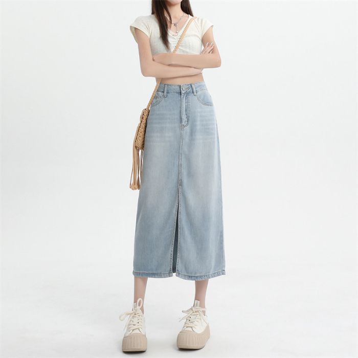 浅蓝色天丝牛仔半身裙女2025夏季薄款高腰开叉中长款包臀牛仔裙