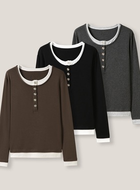 【丽丽姐专属】“叠穿公式”休闲长袖撞色假两件圆领T恤SS26317