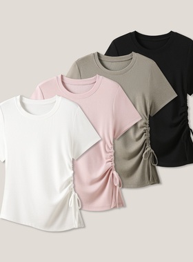 美美粉丝专享侧边褶皱抽绳收腰简约休闲百搭圆领短袖T恤SS28017