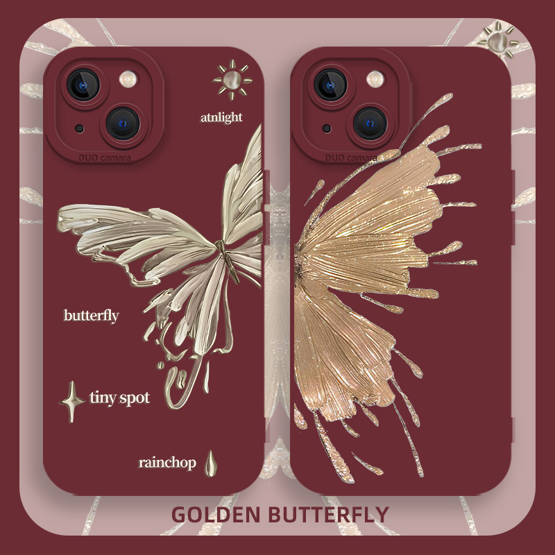 蝴蝶手机壳酒红鎏金时尚金属风