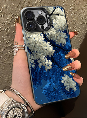 蓝色繁花手机壳适用苹果17promax小众iphone16高级感vivox300/oppofindx9pro/reno14/iqooz10turbopro一加ace