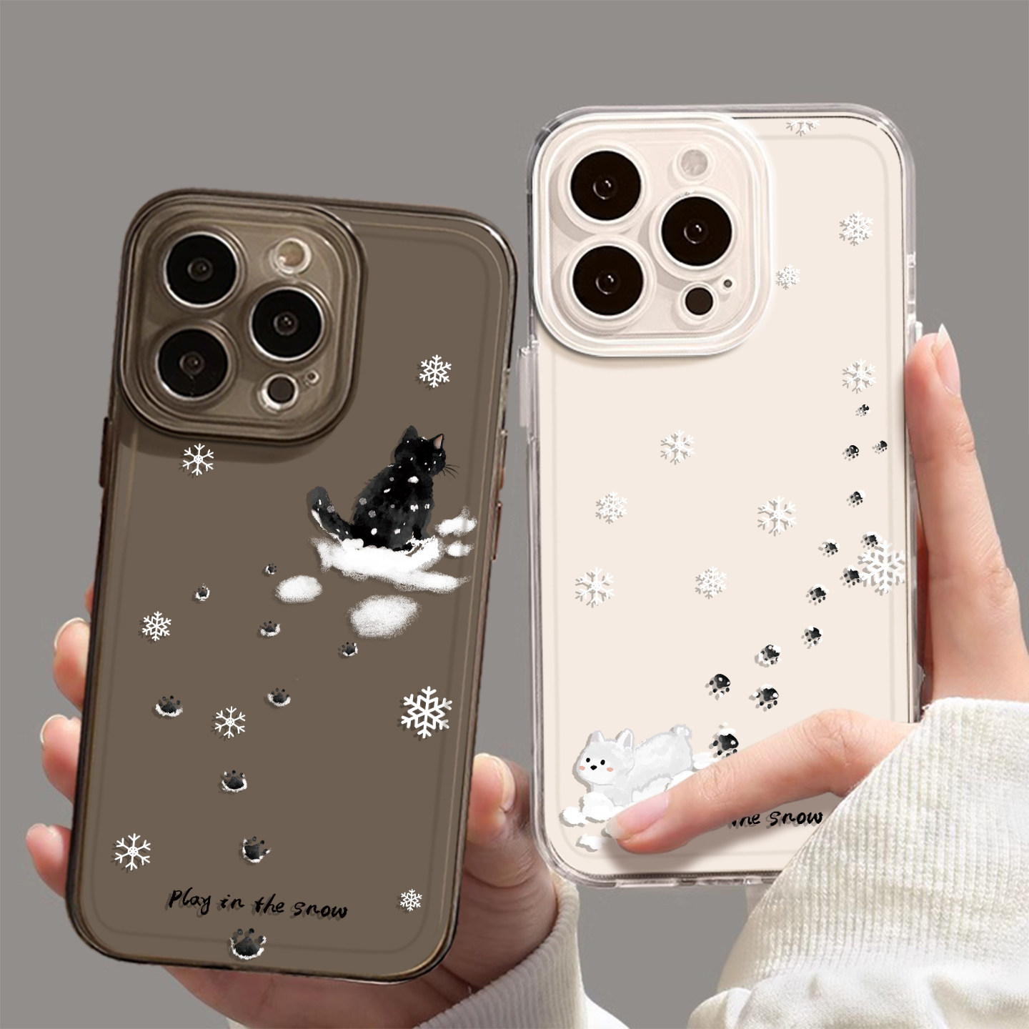 雪地猫咪适用苹果17promax手机壳iphone16情侣vivox200小狗opporeno15脚印findx9/s50/iqooz10/neo11一加ace6