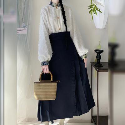 汉尚豪依[知春]春季日常简约百搭上衣提花百褶裙国风汉元素套装女